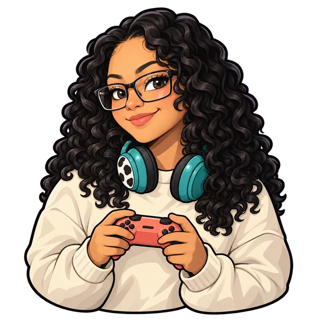 Cartoon Moosher with curly hair, glasses and a game controller